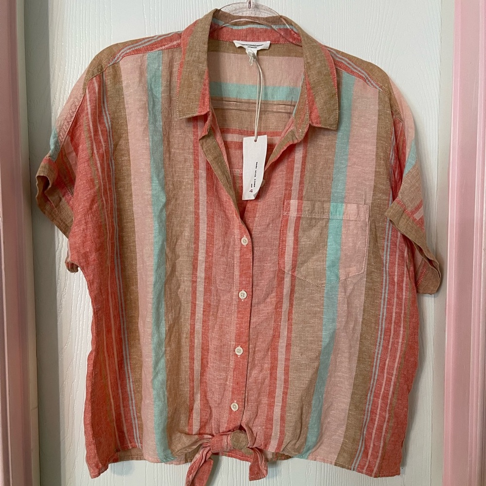 Beach Lunch Lounge Women's Large Linen Button Up Tie Front Shirt